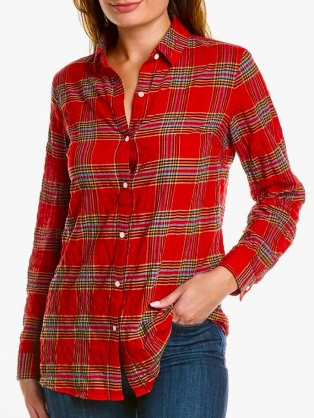 J. McLaughlin Lois Shirt Red Plaid Button Up Cotton Blouse Top Large Preppy